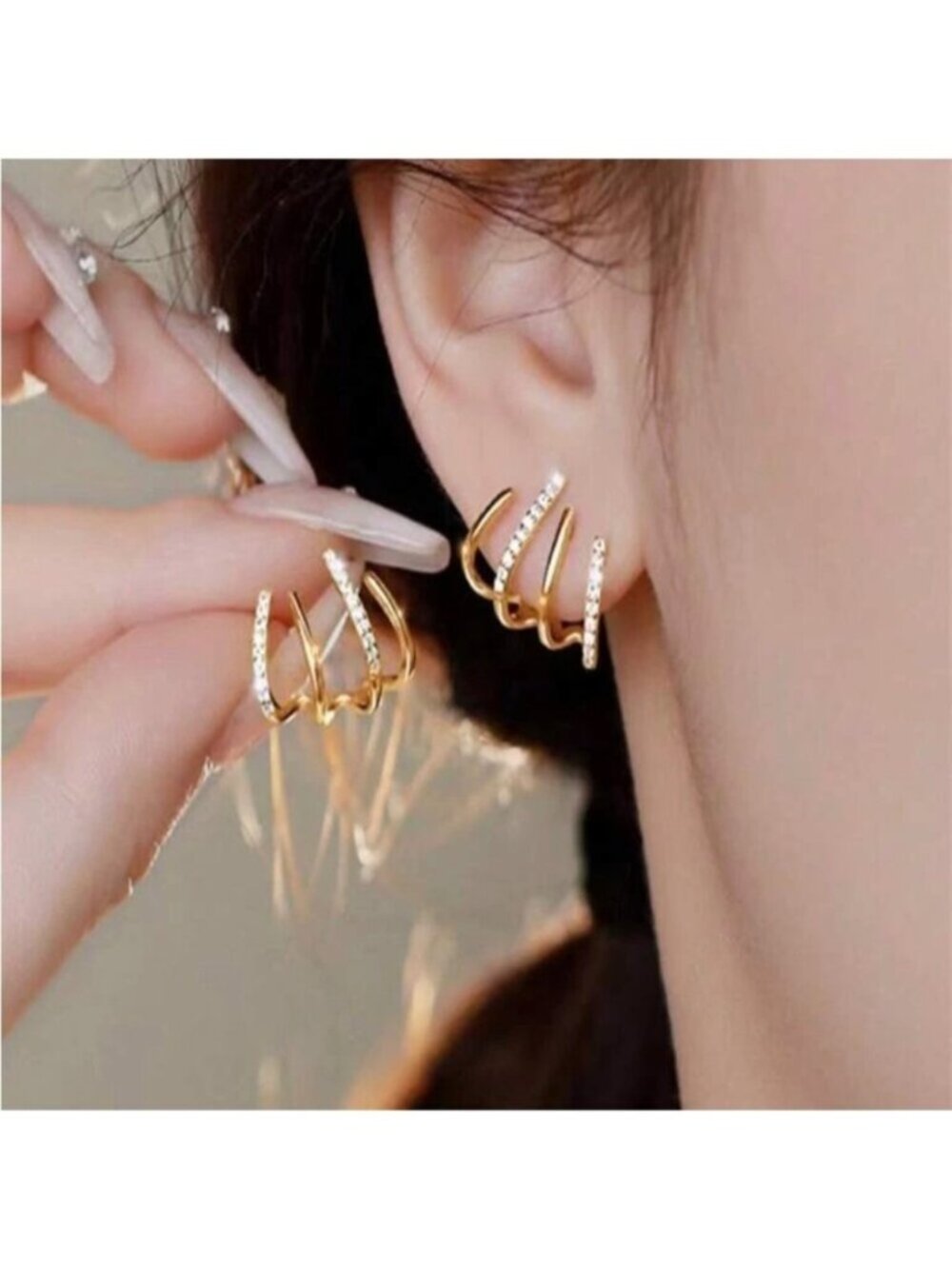 Gold Rhinestone Geometric Earrings - Picture 3 of 4